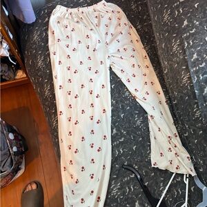 🩵 SHEIN Cream Pajama Pants with Cherry Print
